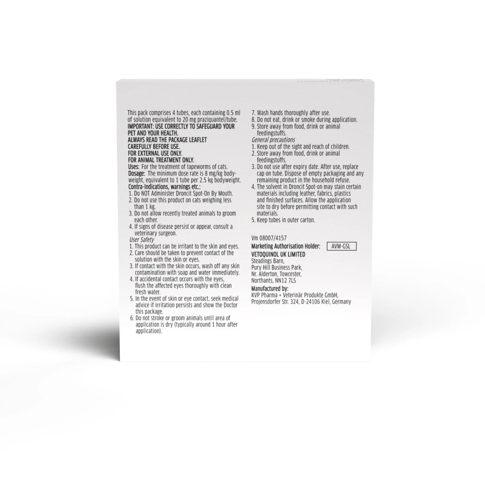 Droncit Spot-On Tapewormer For Cats (from 1kg), 4 Tubes 4 Droncit Spot-On Tapewormer For Cats (from 1kg), 4 Tubes - Image 2