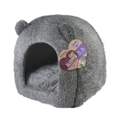 Rosewood Grey Teddy Bear Hooded Cat Bed 38cm